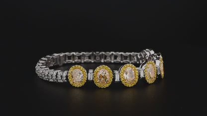 18K White Gold Statement Bracelet With 7.08 TCW Yellow Oval Shape Natural Diamond, EG_LAB Certified