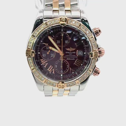 Mens Breitling Chronomat Evolution Chronograph 18K Rose Gold/Steel Diamond Watch