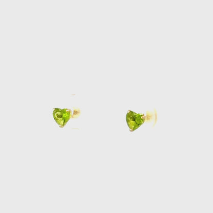 14K Yellow Gold Green Glass Heart Screw Back Child's Stud Earrings