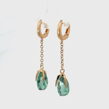 18K Yellow Gold Elegant Faceted Prasiolite Briolette Drop Earrings 7.14 CTW