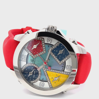 Jacob & Co Five Time Zone Quartz Mens Steel Case With Leather Strap Authentic Luxury Timepiece