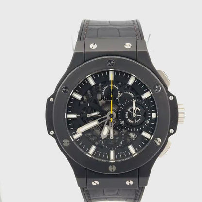 Rare Mens Hublot Big Bang Black Magic Aero Bang Skeleton Yellow Chronograph Watch