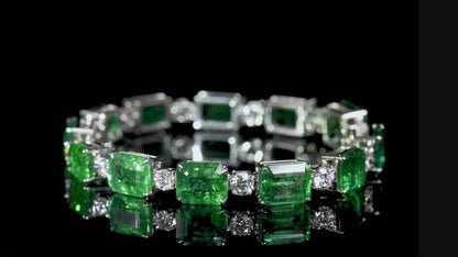 18K White Gold Statement Bracelet With 32.95 TCW Emerald Shape Natural Emerald, GRS Certified
