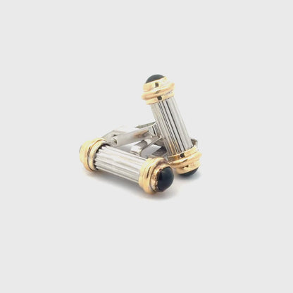 Silver & 14k Yellow Gold Cufflinks with Onyx, Sterling Silver Bezel-Set