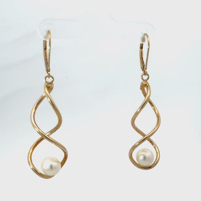 14K Yellow Gold Twist Pearl Drop Earrings with Cultured Freshwater Pearls