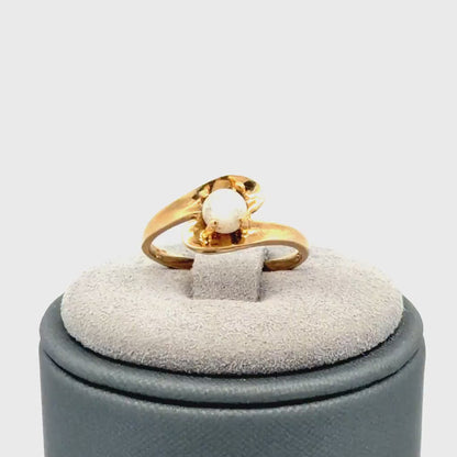 10K Yellow Gold Pearl Ring, Dainty Round Pearl Solitaire, Polished Band