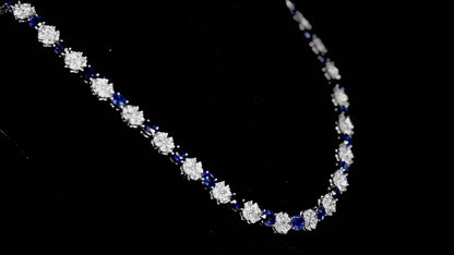 18K White Gold Statement Necklace With 17.34 TCW Oval Shape Natural Sapphire, GUILD Certified