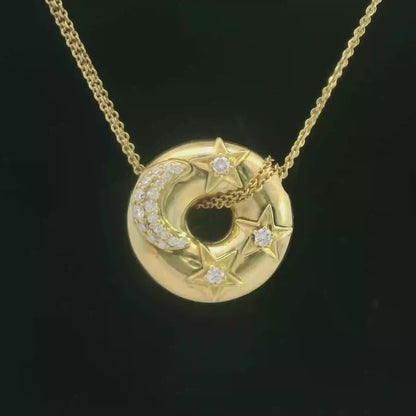 18K Yellow Gold Jose Hess Diamond Moon & Stars Pendant Necklace 0.75 ct Diamond