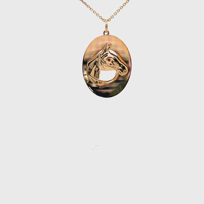 14K Yellow Gold Horse Head Pendant Necklace Synthetic Ruby 0.02 ct