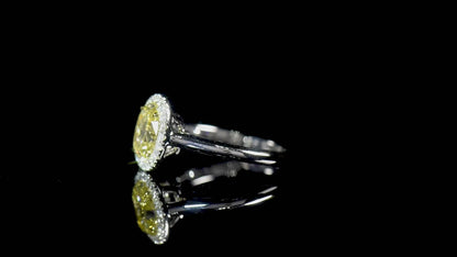 18K White Gold Statement Ring With 1.56 TCW Yellow Oval Shape Natural Diamond, GIA Certified