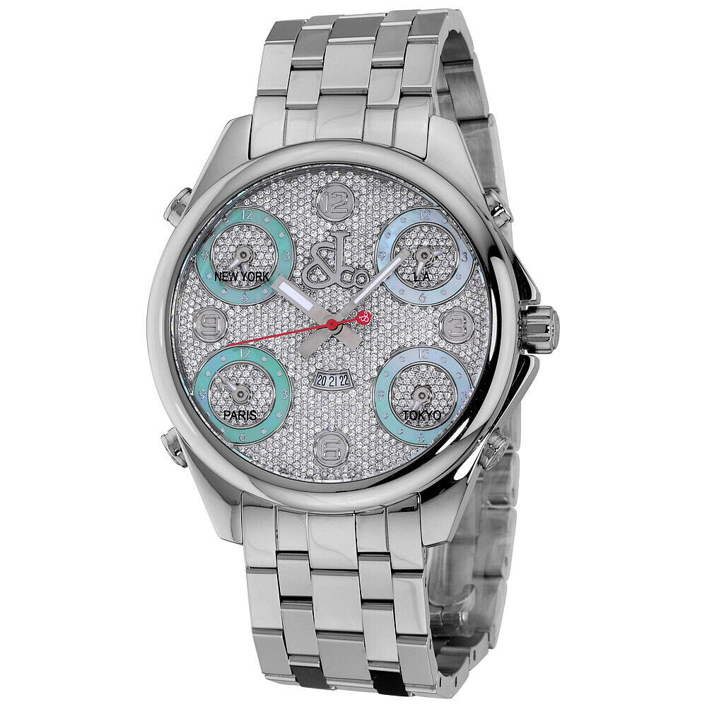 New Mens Jacob & Co. JC 47mm Five 5 Time Zone Stainless Steel Diamonds