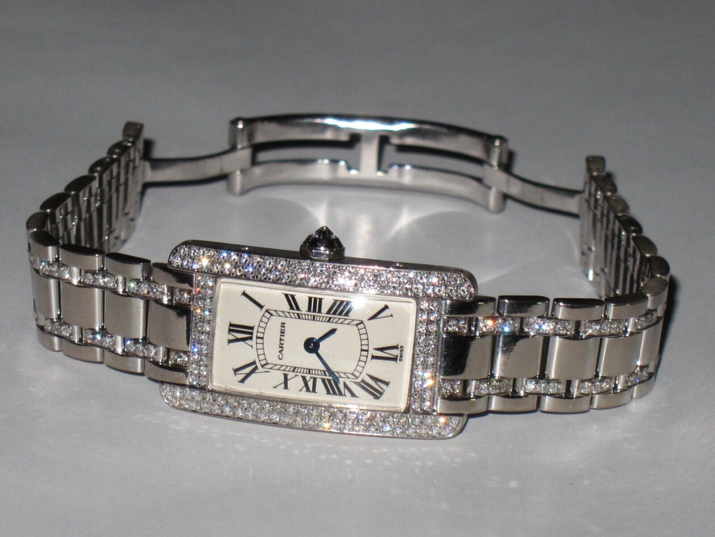 Womens Cartier Tank Americaine American 18K Gold Diamonds