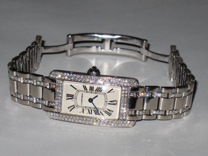 Womens Cartier Tank Americaine American 18K Gold Diamonds